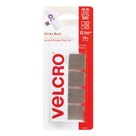 Velcro Brand Reclosable Fastener Shape, Square, Acrylic Adhesive, 7/8 in, 7/8 in W, Black, 12 PK 90072